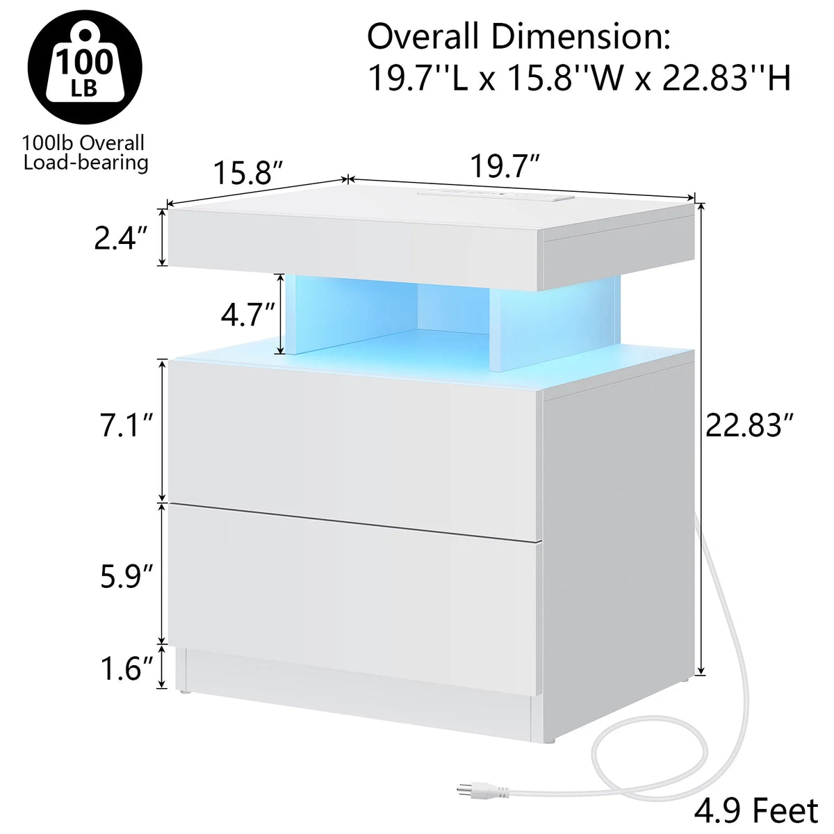 Hommpa LED Nightstand with Wireless Charging Station Modern Nightstand Type C USB Port 2 Drawers Bedside Table Black Smart Night Table High Gloss End Side Table for Bedroom Furniture 22.3" Tall