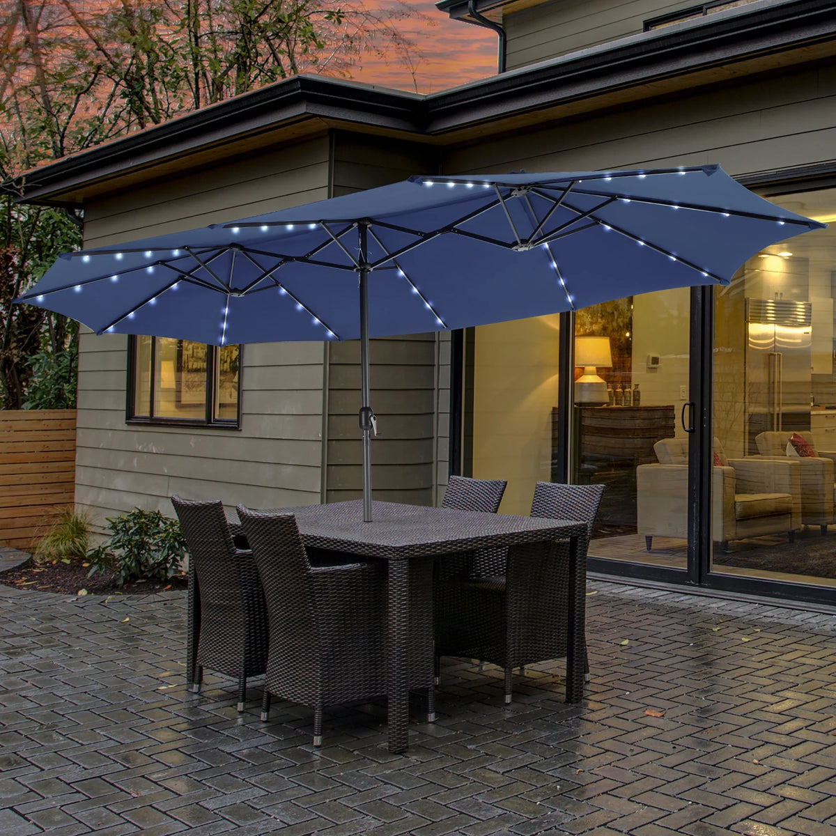 Costway 15FT Twin Patio Double-Sided Umbrella 48 Solar LED Lights Crank Outdoor Beige