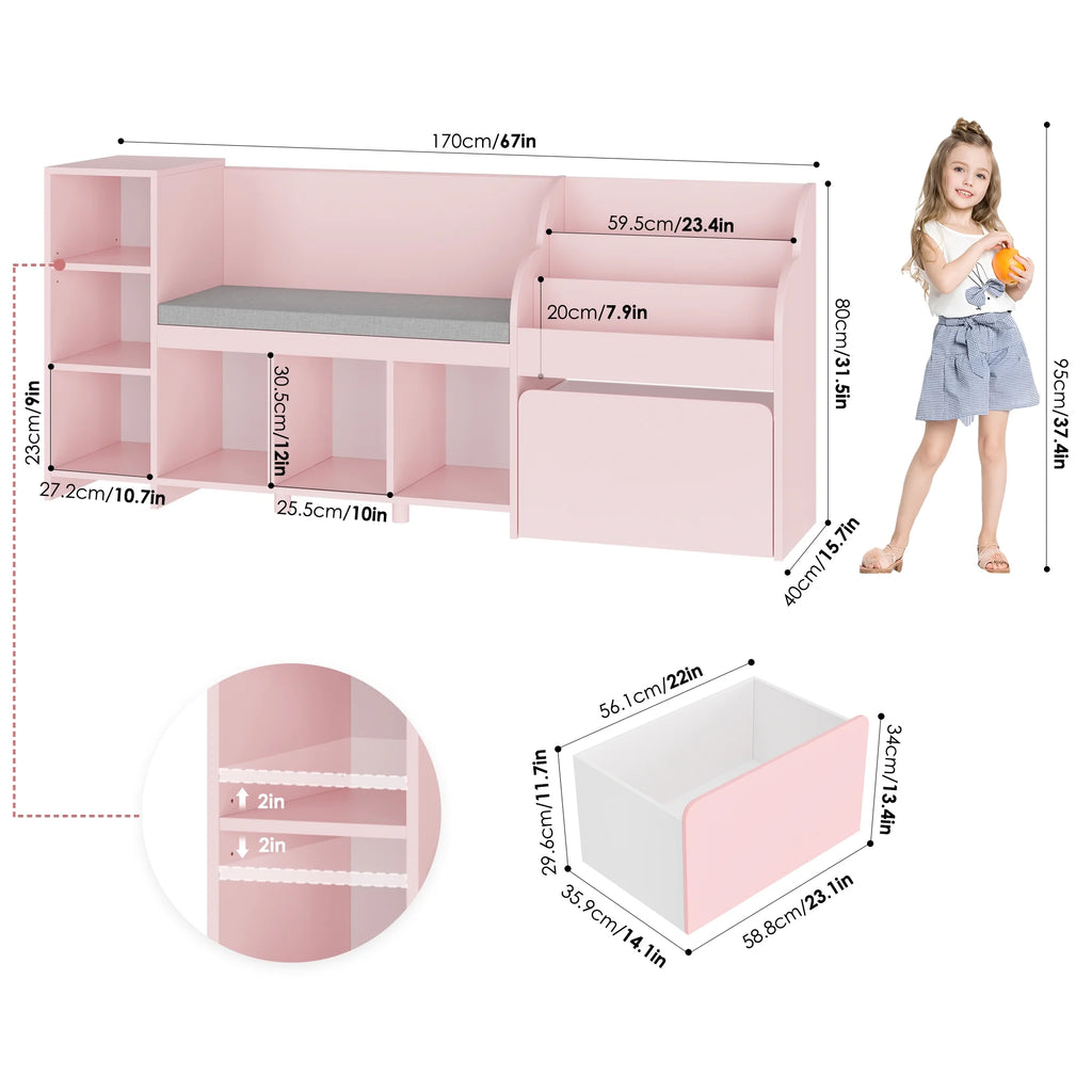 Homfa Kids Bookshelf with Reading Nook, 6 Shelf Bookcase with 1 Wood Toy Bin with 3 Tier Book Rack for Children Kidsroom
