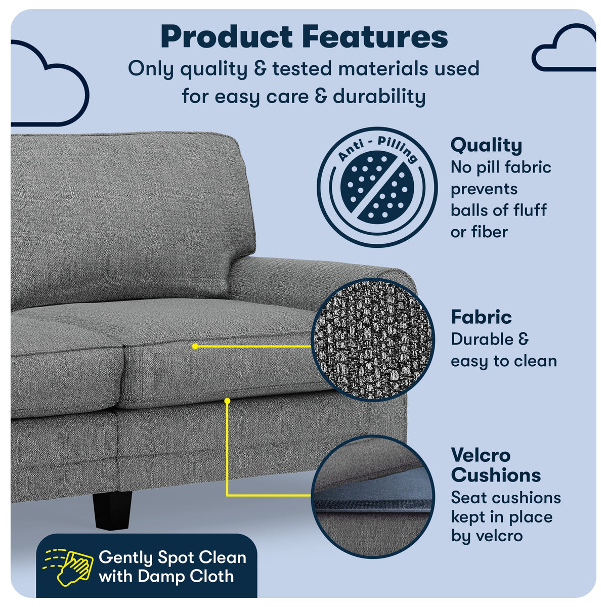 Serta Copenhagen 73" Rolled Arm Sofa with Removable Covers Light Gray