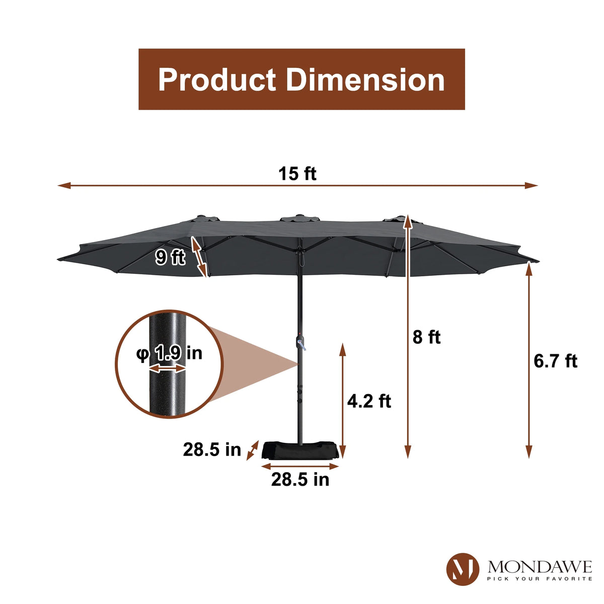 Mondawe 15ft Patio Umbrella Rectangular Outdoor Market Umbrella with Base and LED Lights Beige