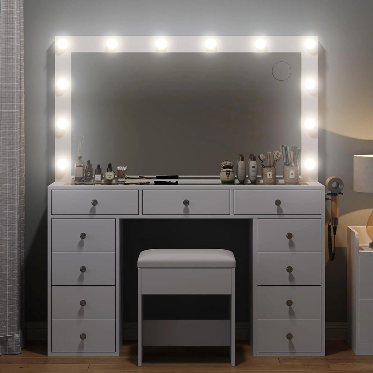 White Vanity Desk with Illuminated Mirror & Power Outlet, 11 Drawers Vanity Table with Chair, Makeup Vanity with 12 LED Lights, Tempered Glass Top, Dressing Table for Bedroom,Dressing Room