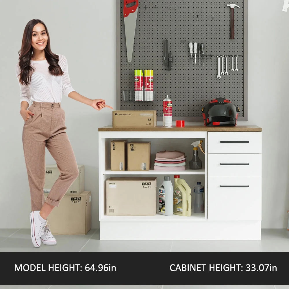 Madesa Garage and Utility Room Base Storage Cabinet with 2 Doors and 3 Drawers Storage Shelves 47 Inch Wooden Organization Unit - White