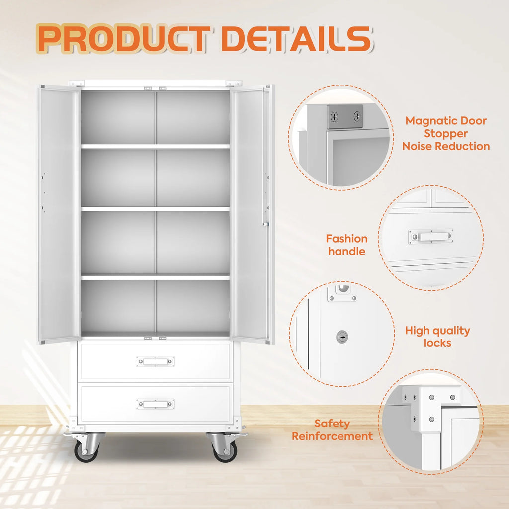 SUPEER 71" Metal Storage Cabinets with Wheels and Pegboards, Industrial Cabinet with 2 Drawers and 2 Adjustable Shelves,, Assembly Required