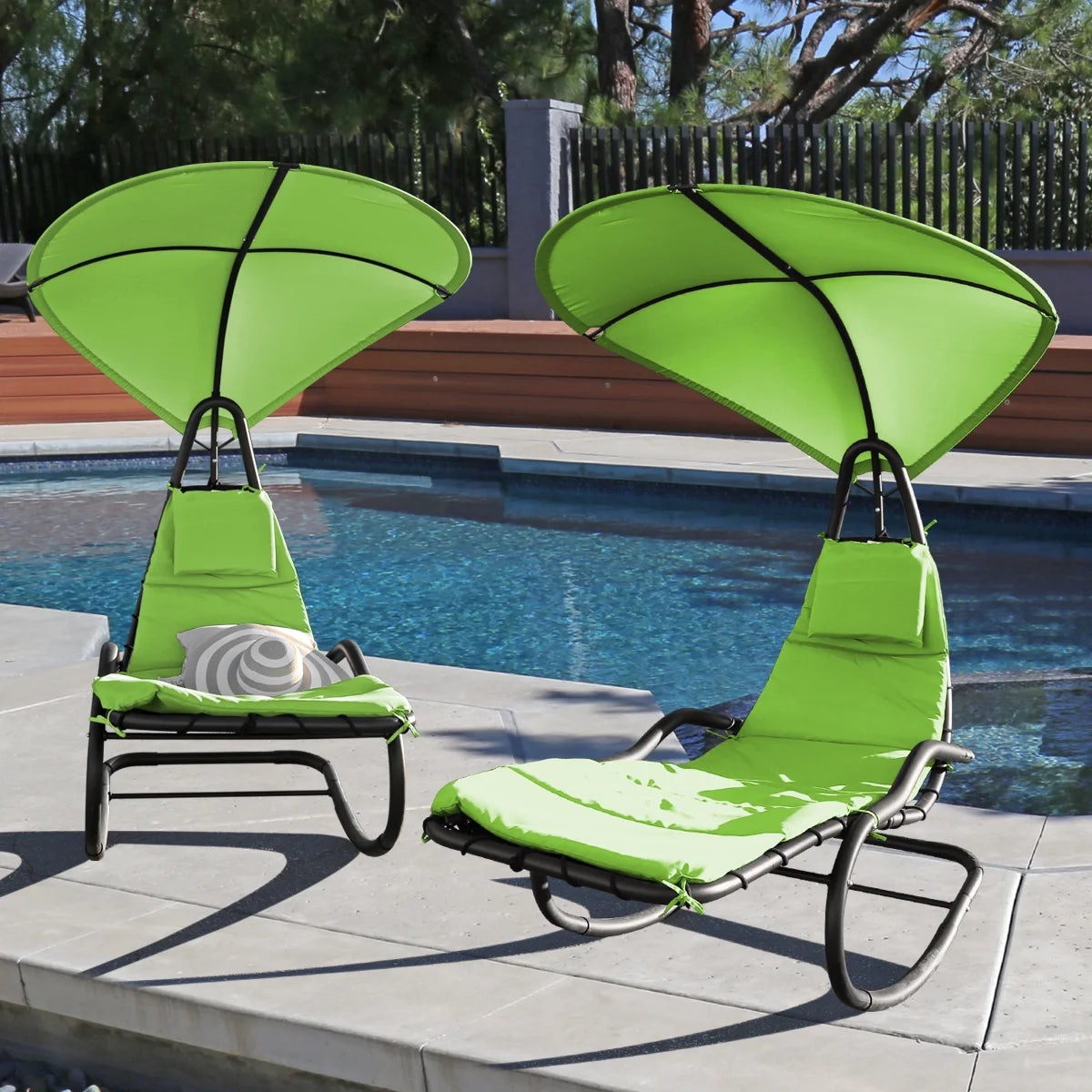 2X Rocking Hanging Lounge Chair - Curved Chaise Rocking Lounge Chair Swing For Backyard Patio w/ Built-in Pillow Removable Canopy with stand {Green}