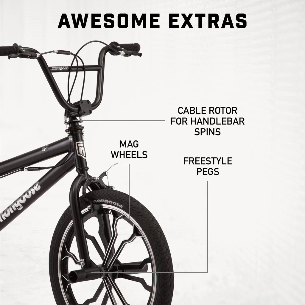 Mongoose Rebel Kids BMX Bike, 20-in. Wheels, Children & Tweens Ages 7-13, Black Bicycle
