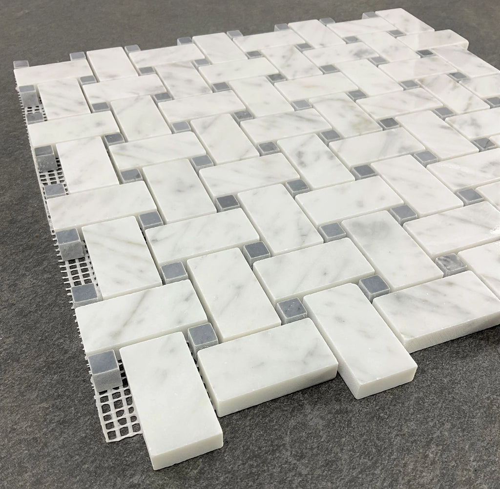 10 Sheets of 1" x 2" White Cararra and Gray Dot Basketweave Marble Mosaic Wall & Floor Tile