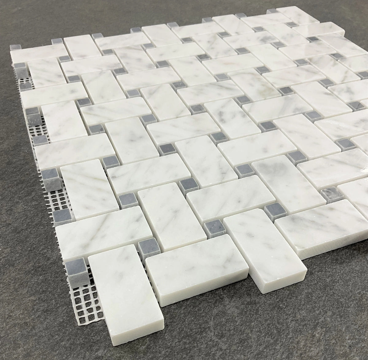 10 Sheets of 1" x 2" White Cararra and Gray Dot Basketweave Marble Mosaic Wall & Floor Tile