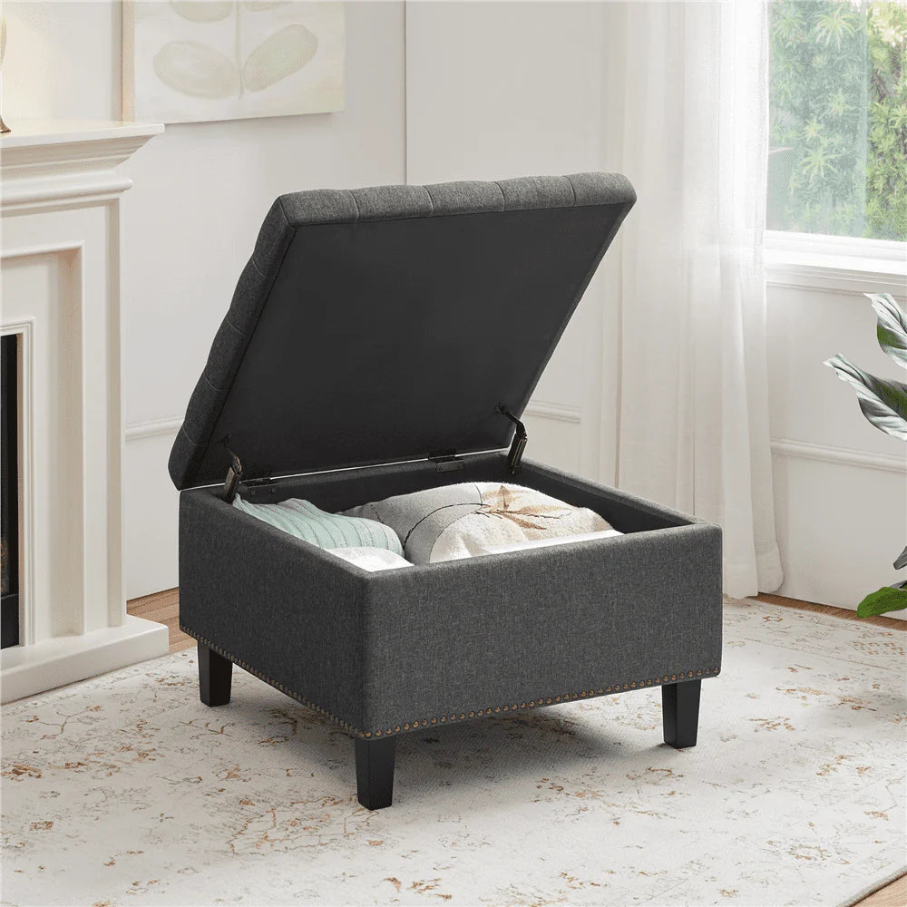 SmileMart Modern linen-like Storage Ottoman Bench with Button-Tufted for Entryway, Dark Gray