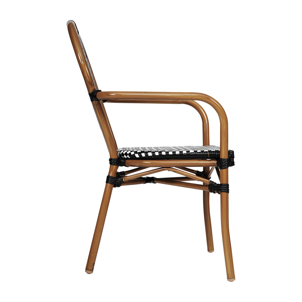 Merrick Lane Stacking Thonet French Bistro Style Chair with Arms, Black & White PE Rattan Seat, and Bamboo Finished Metal Frame for Indoor/Outdoor Use