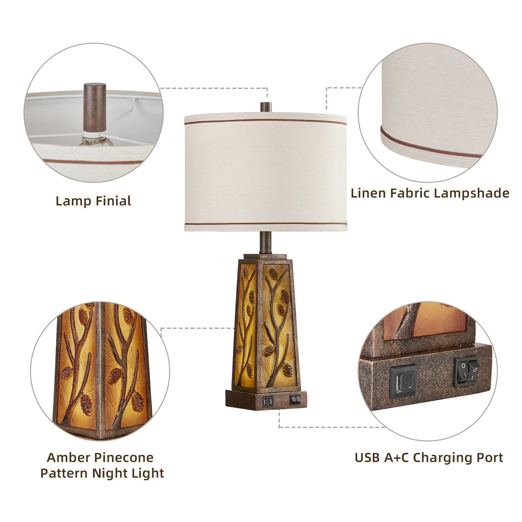 RORIA 24a?? Modern Living Room Table Lamp 2-Piece Set with 2 USB Charging Ports, Built-in White Frosted Glass with Night Light, Black Vintage Rustic Farmhouse Lamp for Bedroom Nightstand Lamps