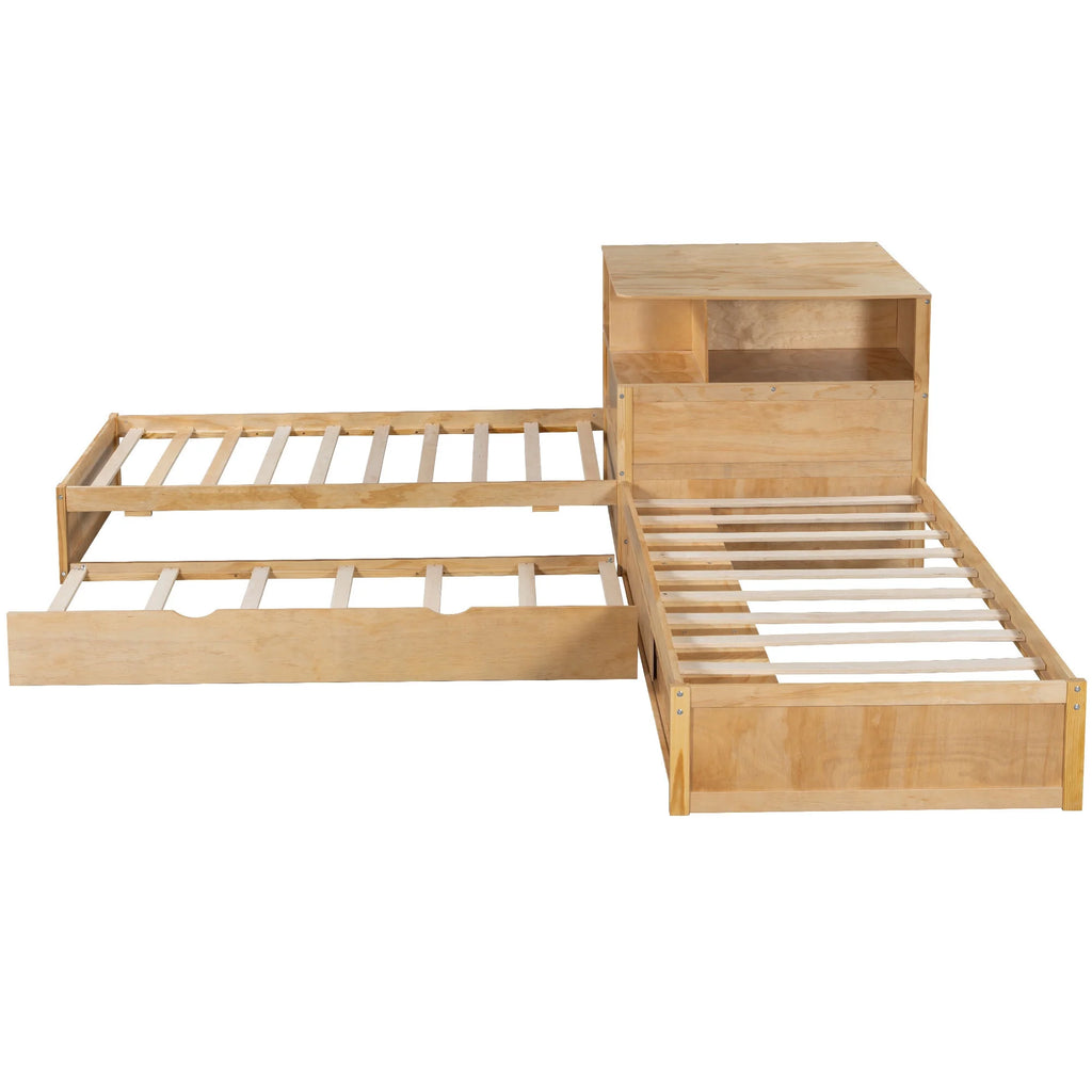 Euroco Pine Wood L-Shaped Twin Platform Bed with Storage Desk, Cabinets, Trundle and LED Light for Kids Teens, Gray