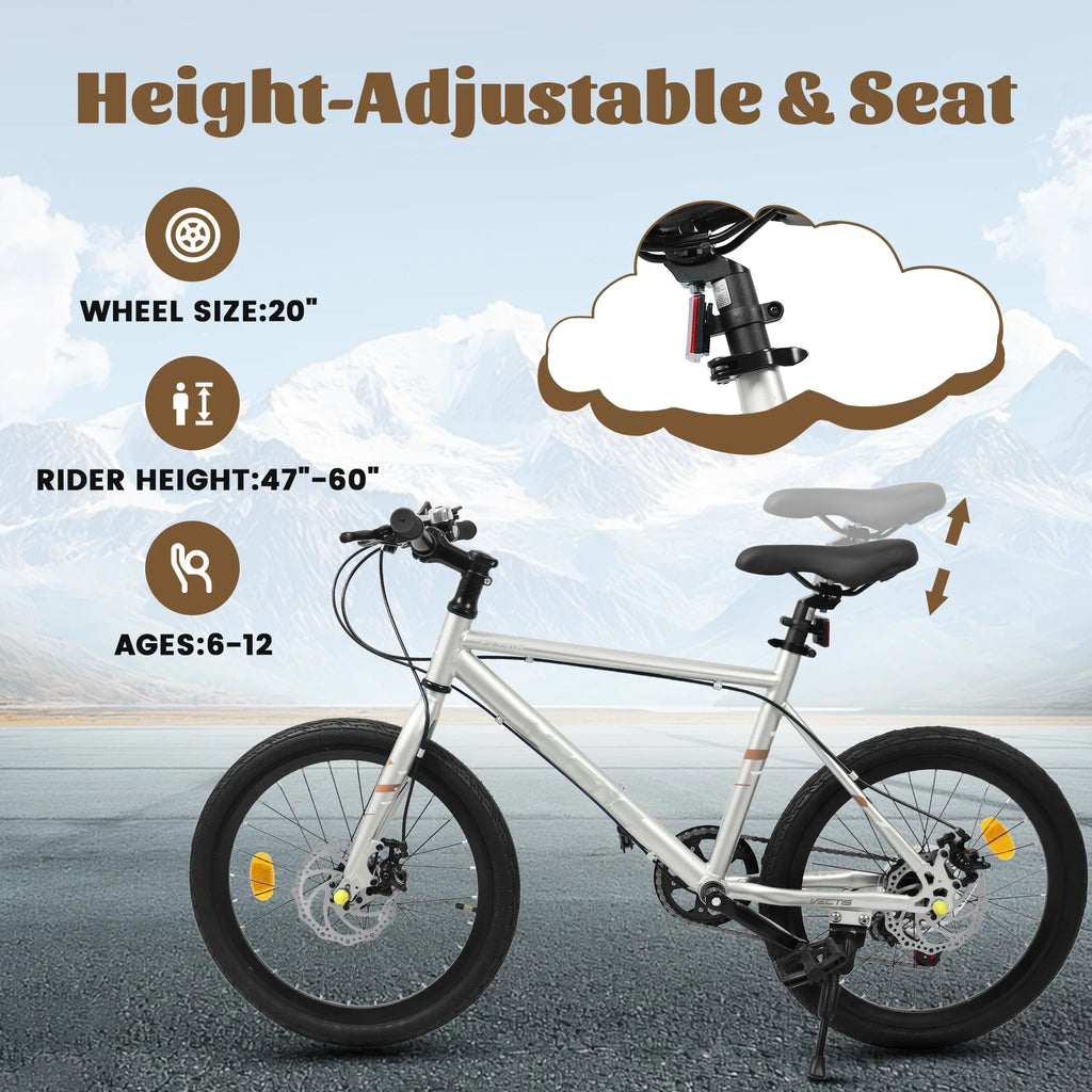 20 Inch Kids Bike for Boys Girls, 7-Speed Children Road Bike with Steel Frame and Dual Disc Brakes, Kids Road Bicycle for Ages 6-12 Years Old Birthday Gift, Silver