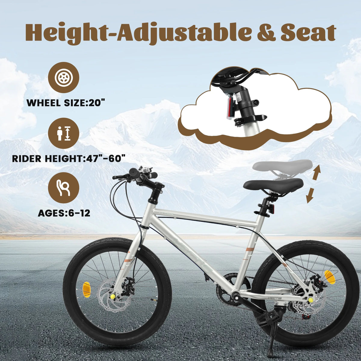 20 Inch Kids Bike for Boys Girls, 7-Speed Children Road Bike with Steel Frame and Dual Disc Brakes, Kids Road Bicycle for Ages 6-12 Years Old Birthday Gift, Silver