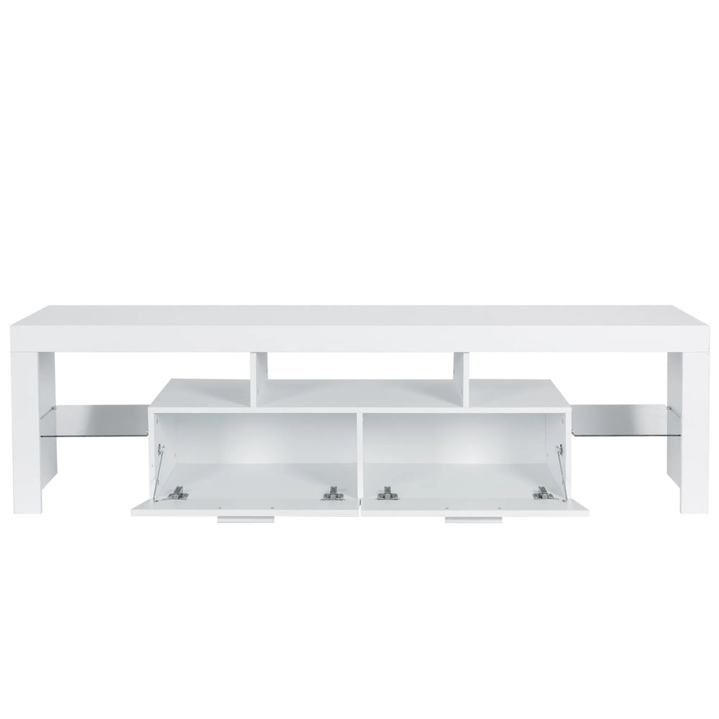 UHOMEPRO TV Stand for TV up to 70", Living Room Entertainment Center with RGB LED Lights and Storage Shelves Furniture, White High Gloss TV Cabinet Console Table