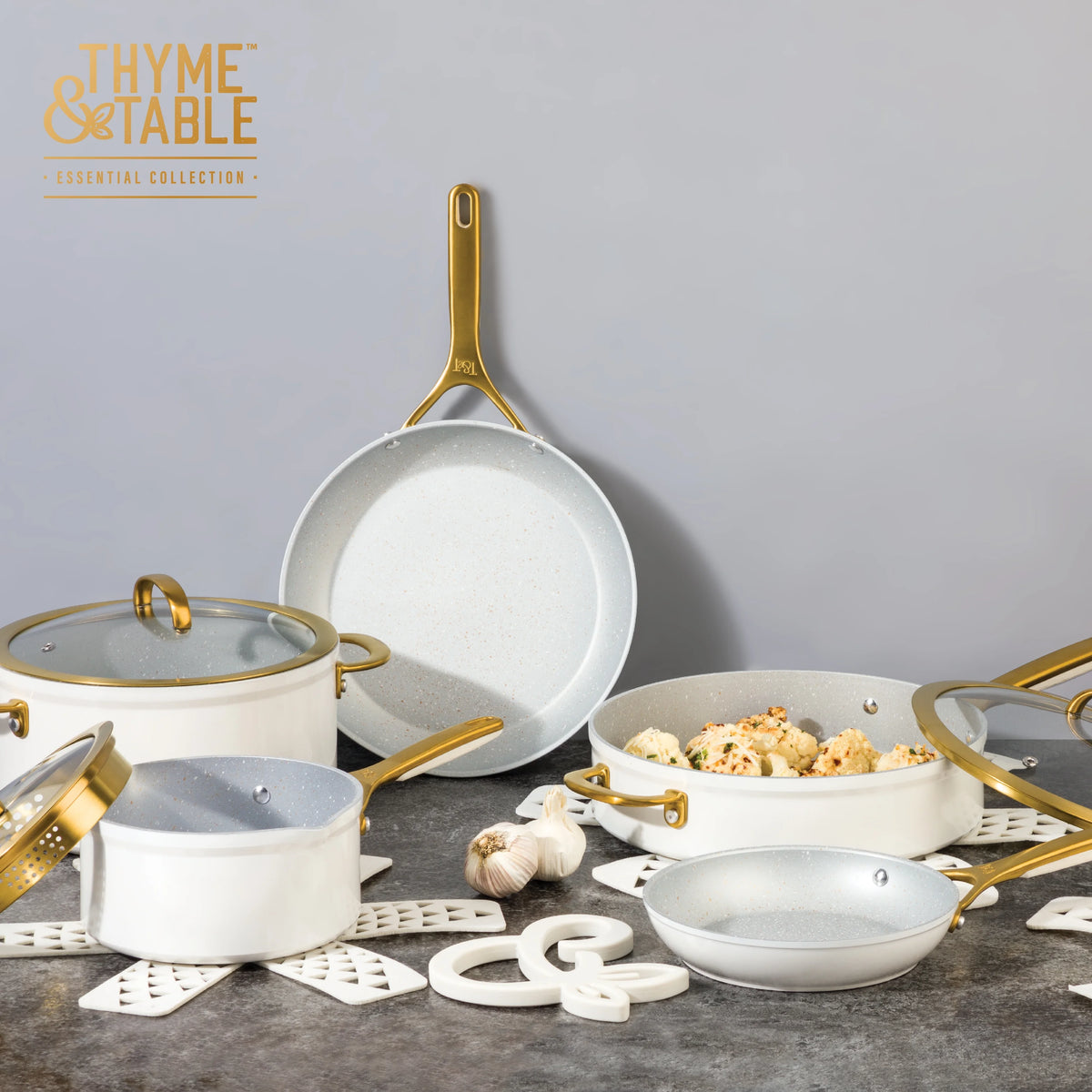 Thyme & Table 12-Piece Non-Stick Supreme Cookware Set, Pots and Pans Set - Cream
