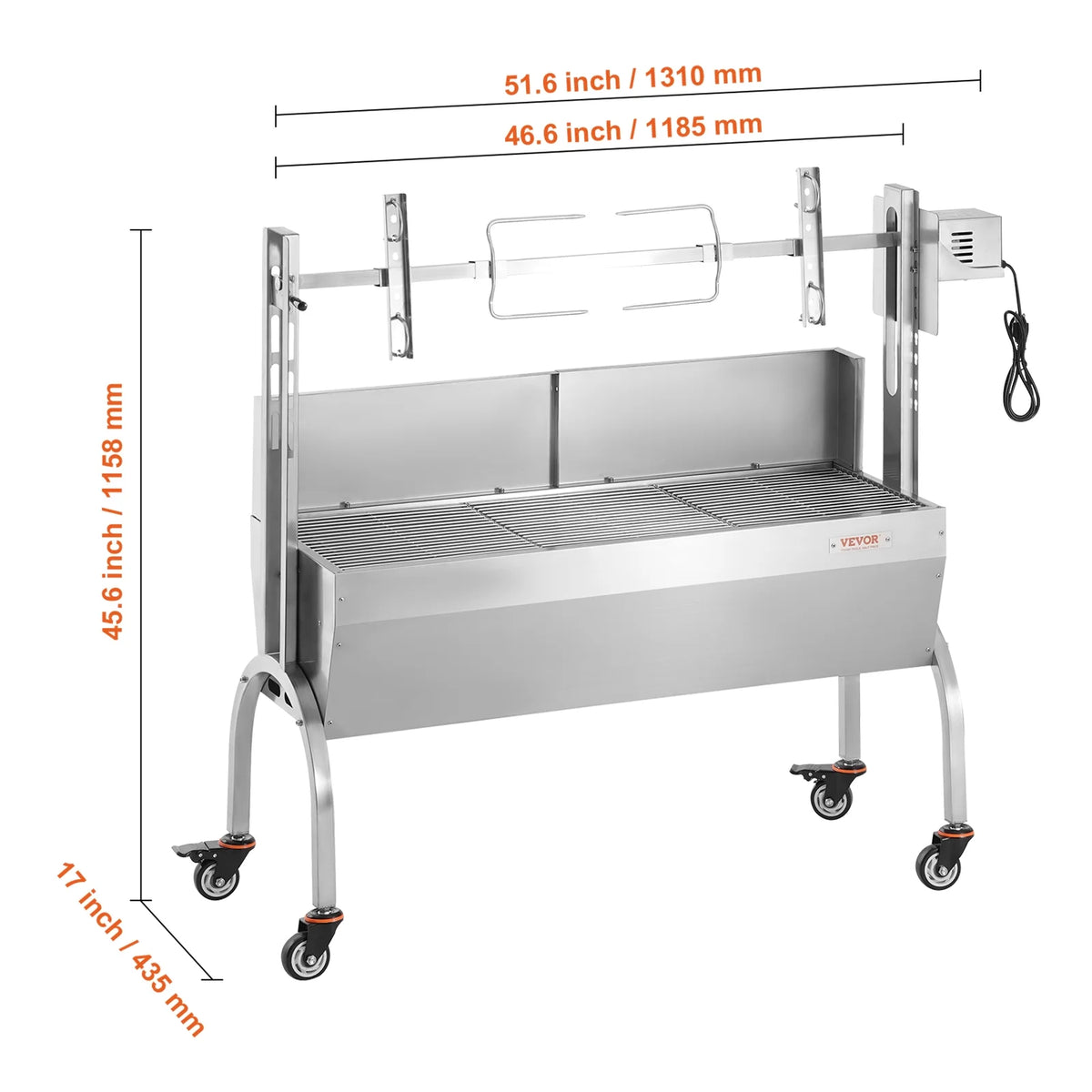VEVOR Rotisserie Grill with Windscreen, BBQ Whole Pig Lamb Goat Charcoal Spit Grill, 46 Inch 132 Lbs Capacity, Electric 52W Motor Stainless Steel Roaster with Lockable Wheels, for Camping Outdoor