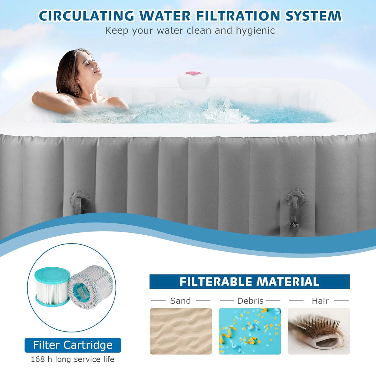 73 inch 4-6 Person Inflatable Hot Tub Spa with Control Panel, Outdoor Portable Hottub with 130 Jets, Insulated Tub Cover and Floor Protector, Temperature up to 104��F, Gray