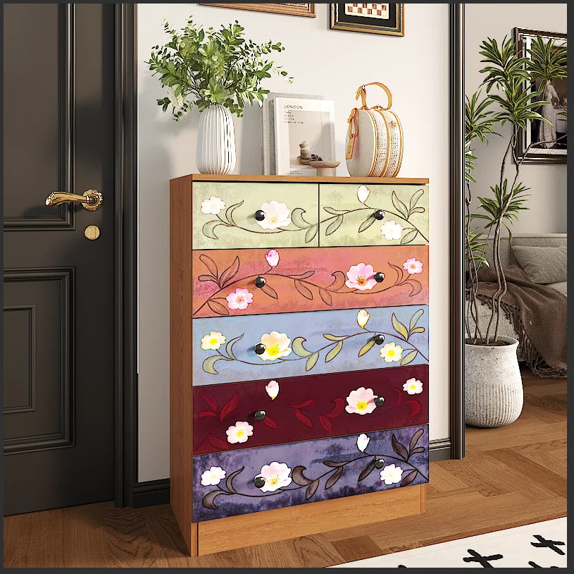Ktaxon Wood 6-Drawer Dresser Organizer for Bedroom Storage Tower for Entryway Hallway Closet, Tall Chest Organizer Unit with Wood Bins, Floral Painted Wooden