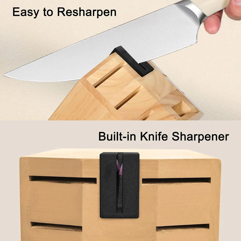 Ivory Knife Block Set (15-PCS) �C High Carbon Stainless Steel, Built-in Sharpener, Forged Chef Blades