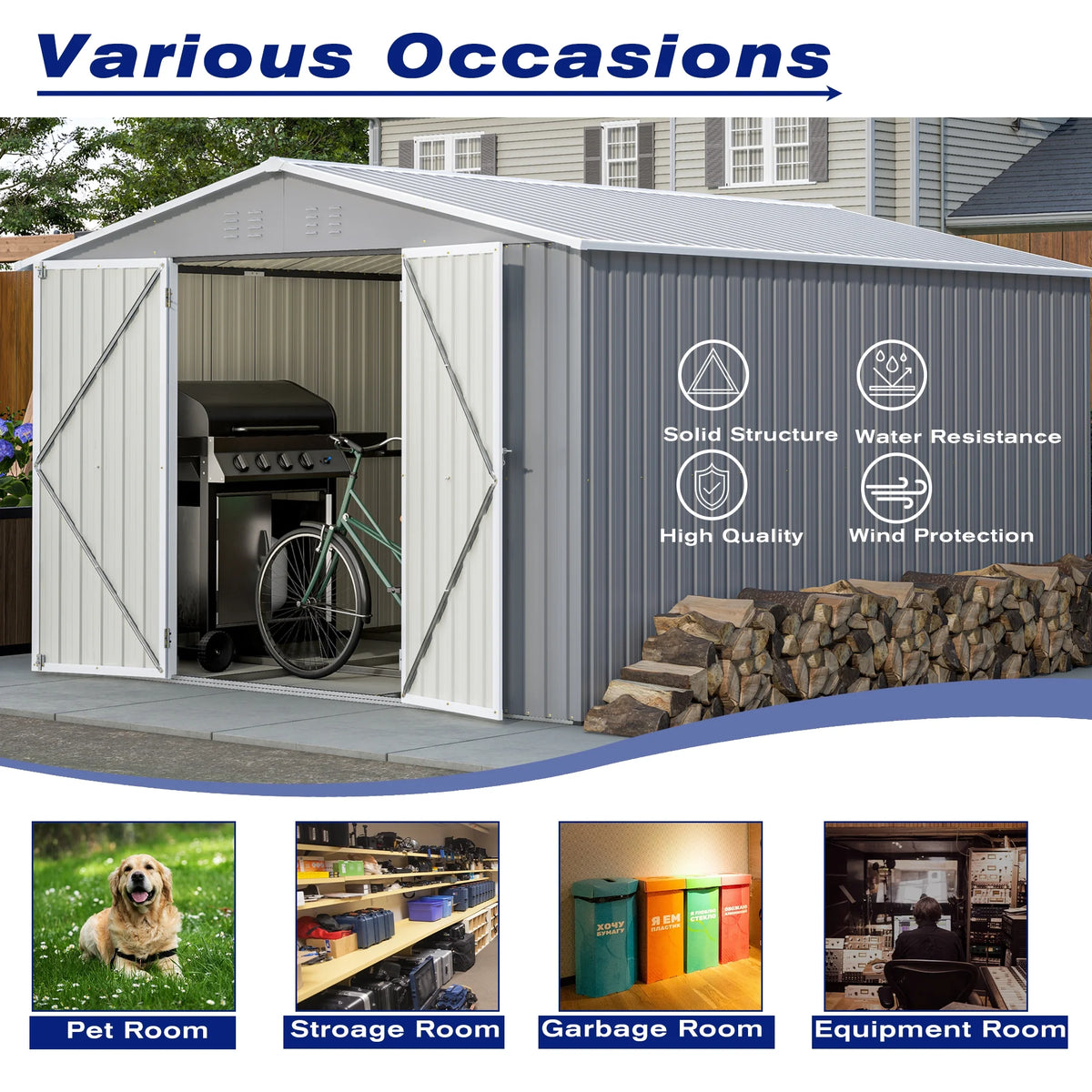 LZBEITEM 10 x 10 ft Outdoor Storage Shed with Floor Frame Kit, Galvanized Steel Garden Sheds, Garden Tool Shed with Double Lockable Doors for Backyard Patio Lawn, Grey