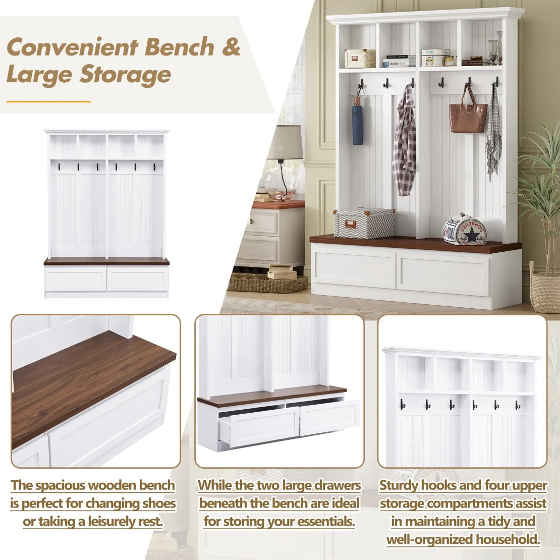 Farmhouse  4-in-1 Hall Tree with Wood Grain Bench, Mudroom Versatile Coat Rack with 2 Large Drawers, Large Entrance Organizer with 6 Black Hooks for Hallway, Living Room, White, 55.9"Wx75.6"H