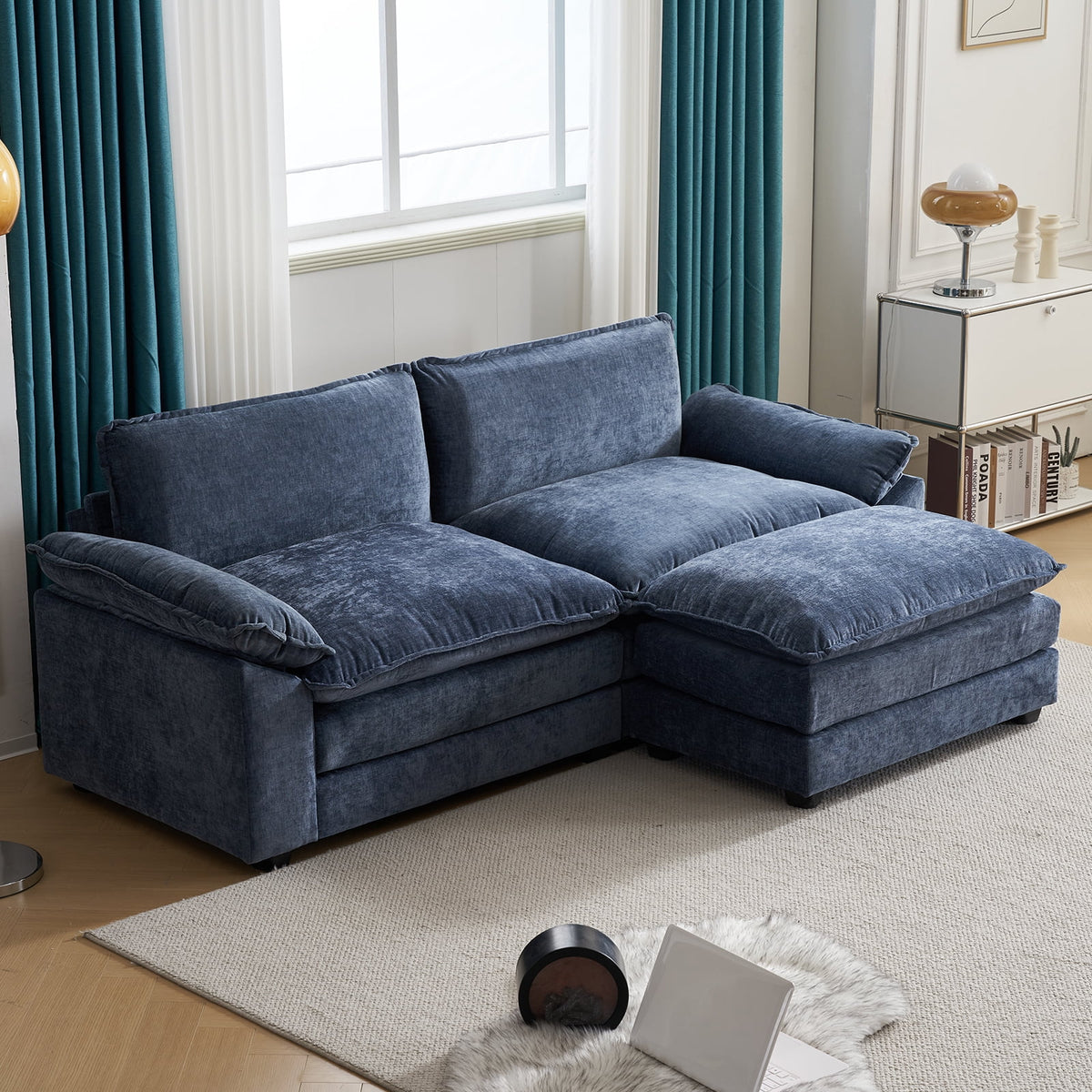 Zimtown Sectional Sofa with Ottoman, L Shaped Convertible Couch with Removable Chaise Chenille Fabric Sofa Set for 4-6 Persons Living Room Furniture Dark Grey