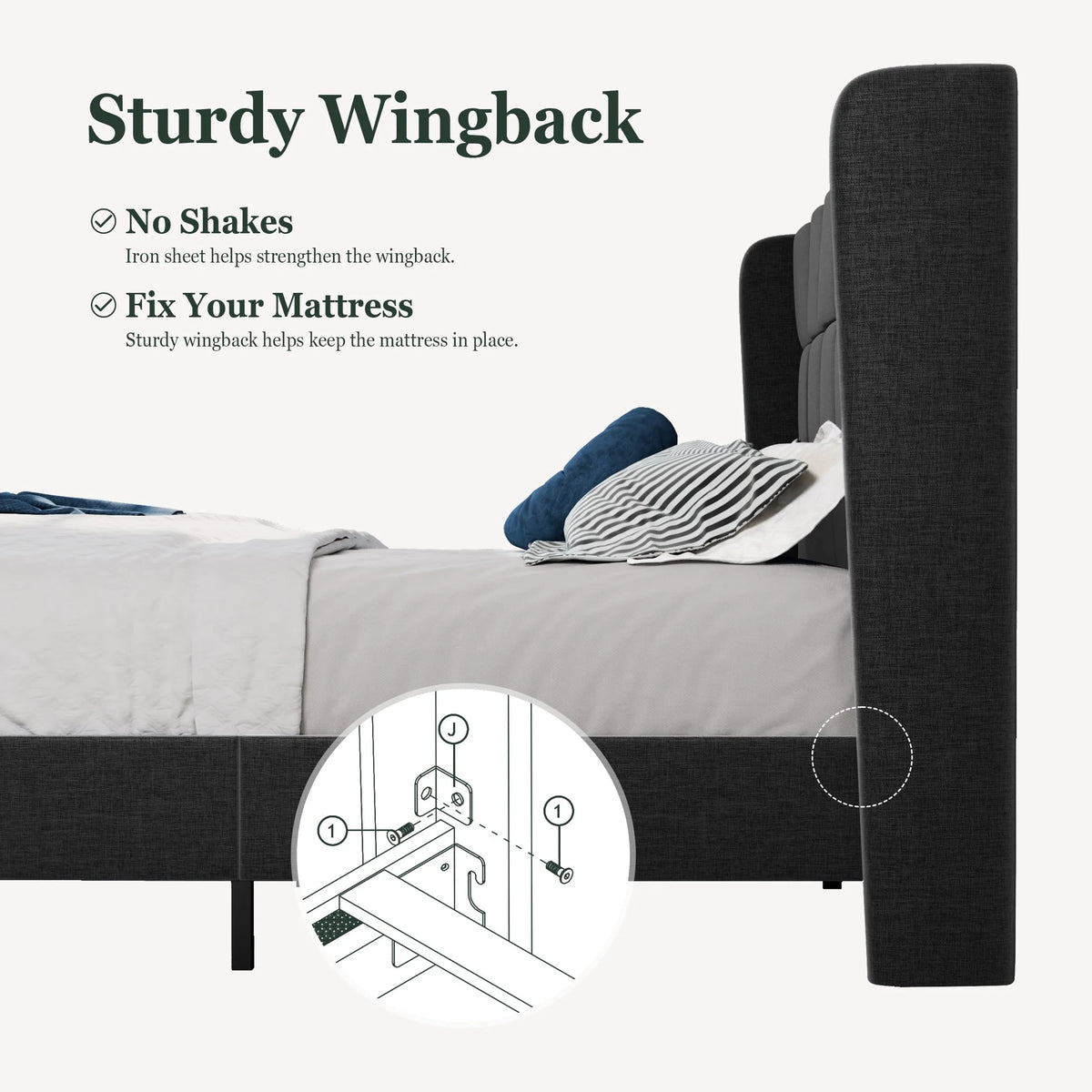 Amolife Queen Size Platform Bed with Wingback Headboard, Square Stitched Style, Dark Grey