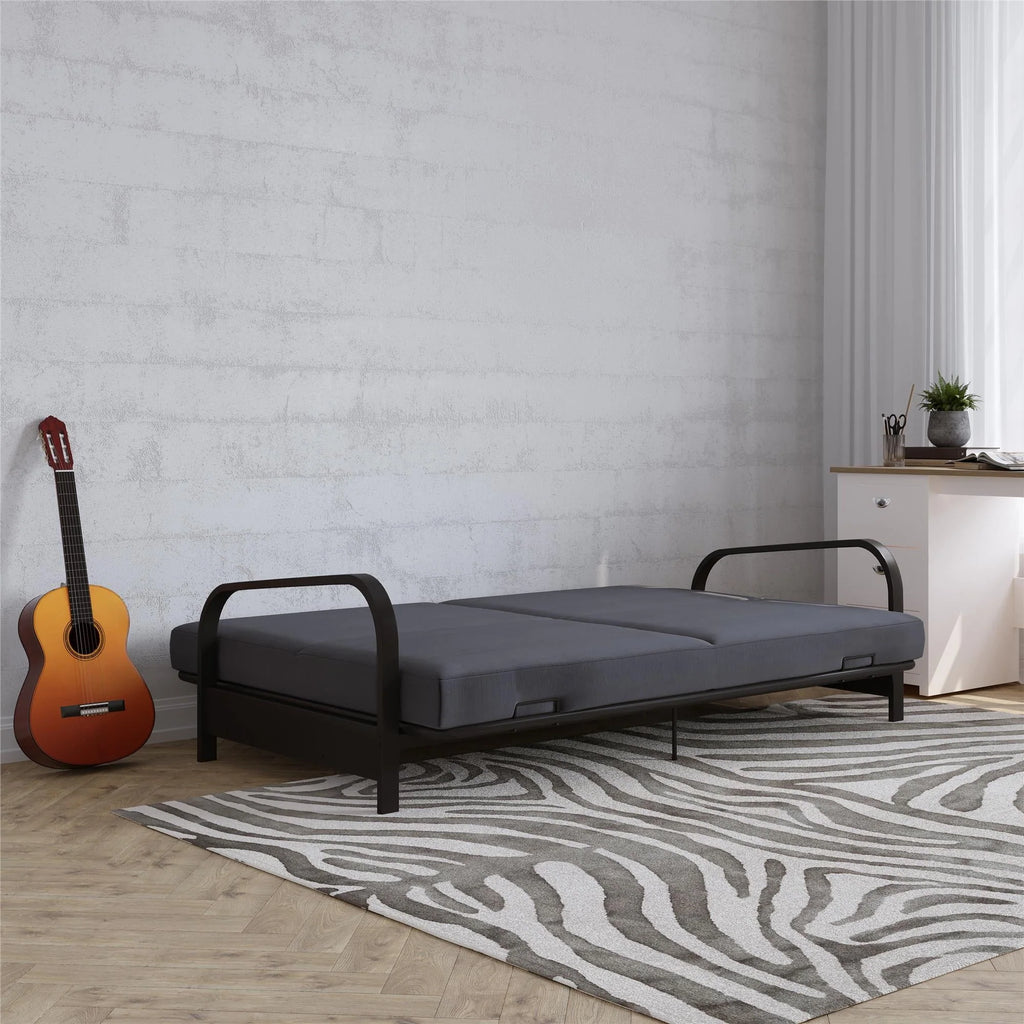 DHP College Metal Arm Futon, Black Frame with Gray Mattress