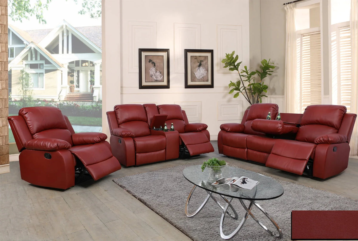 Ainehome Red Leather 3 Pieces Reclining Sofa Sets, Recliner Sofa for Living Room