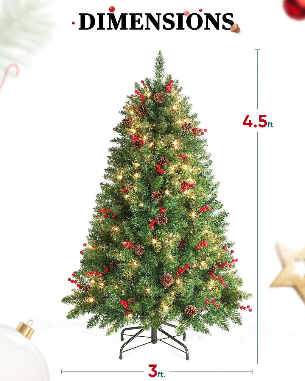 Jostyle 4.5FT Pre-Lit Christmas Tree, Decorated with 300 Clear Lights and Realistic 516 Thicken Tips