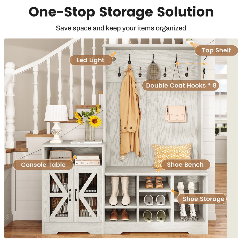 Farmhouse Wood Hall Tree with Shoe Bench and Console Table, LED 4-in-1 Coat Rack with 8 Hooks and 7 Adjustable Shoe Cubbies, Multifunctional Entryway Storage Organizer with Cabinet, Vintage White