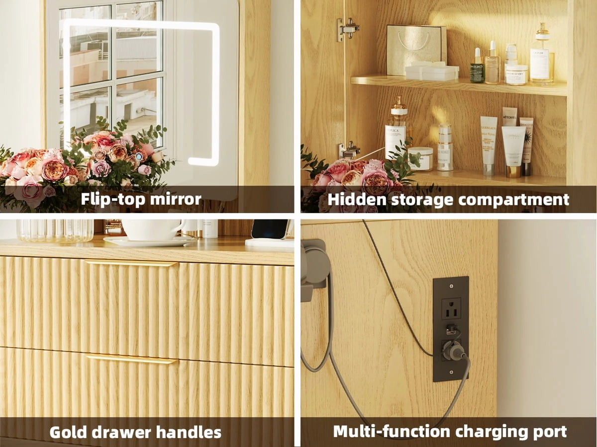 UGTOO 45.2" Modern Vanity Desk with LED Mirror & USB Charging, Wood Makeup Dressing Table with 7 Drawers for Bedroom