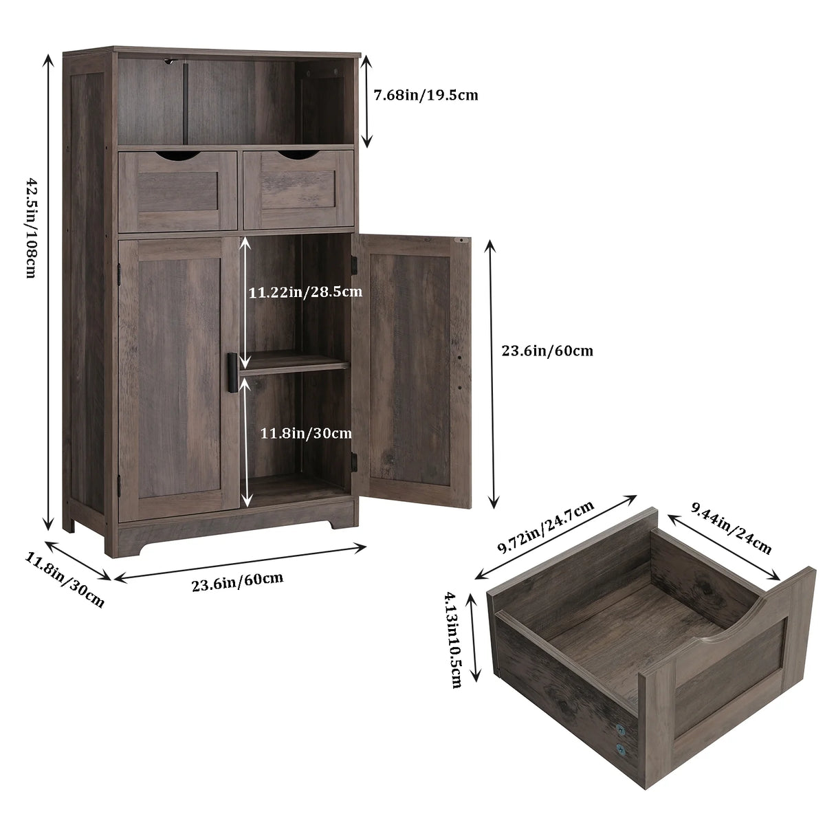 FANGSUM Rattan Storage Cabinet with 2 Drawers & 2 Shelves, Floor Cabinet for Living Room