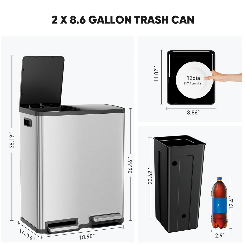 JOINSUN Trash Can, 2 x 8.3 Gallon Double Deck Trash Recycling Bin, Kitchen Bin, Silver