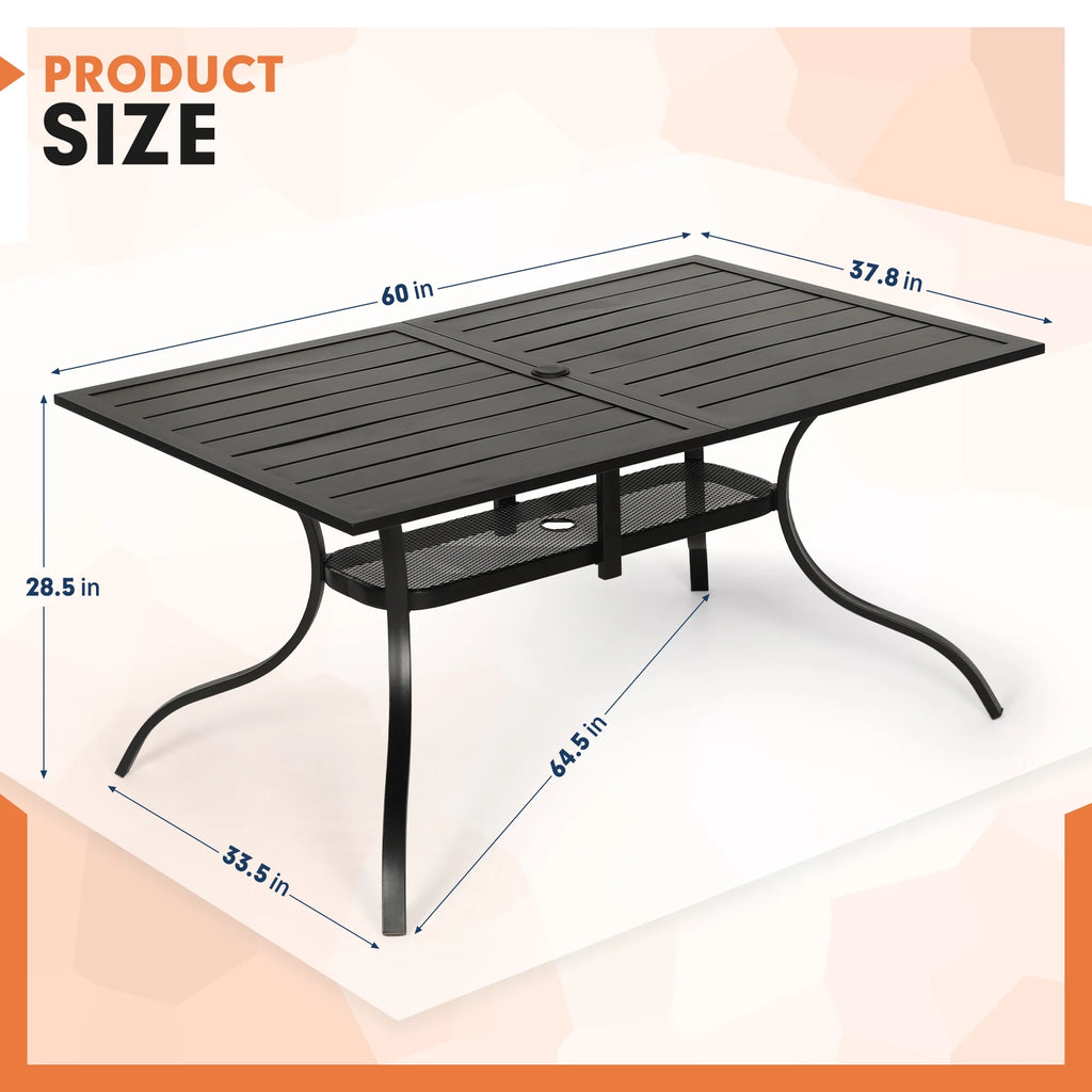SOLAURA Outdoor Patio Dining Rectangle Metal Table for 6-Person with Umbrella Hole, Black