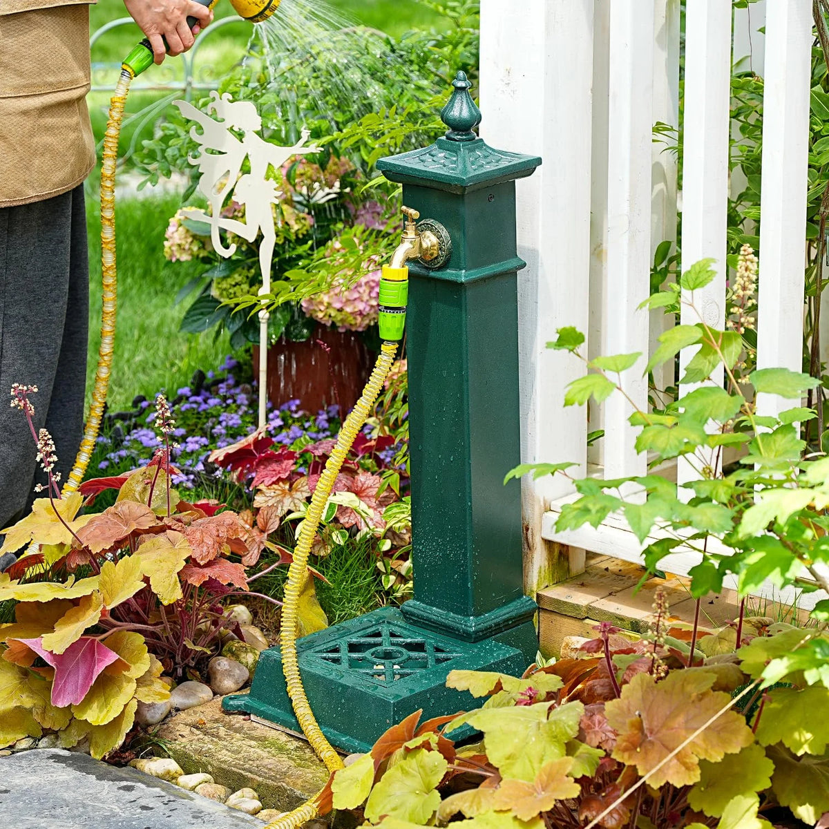 Sungmor Cast Iron Outdoor Water Column with Faucet, Freestanding Floor Farm Yard Decor, Green, 1 Count