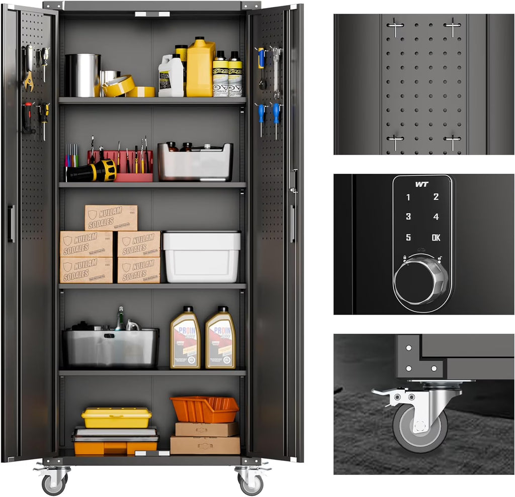 Aobabo Metal Storage Cabinet with Lock,Garage Storage Cabinet with Wheels,72In Steel Storage Cabinet for Garage Home Storage, Black Required-Assembly