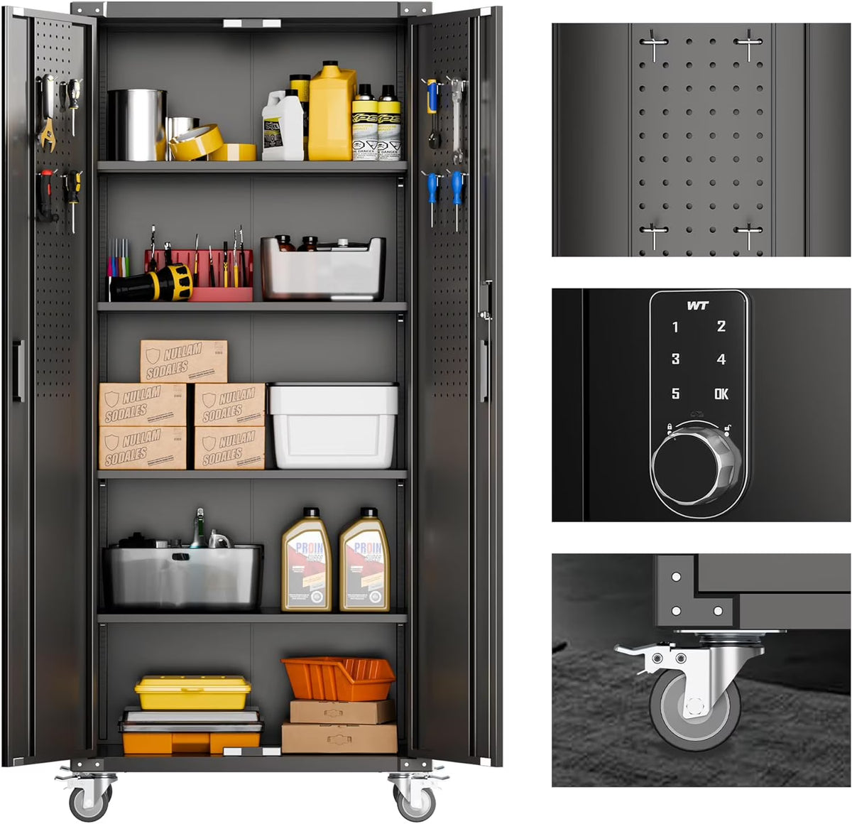 Aobabo Metal Storage Cabinet with Lock,Garage Storage Cabinet with Wheels,72In Steel Storage Cabinet for Garage Home Storage, Black Required-Assembly