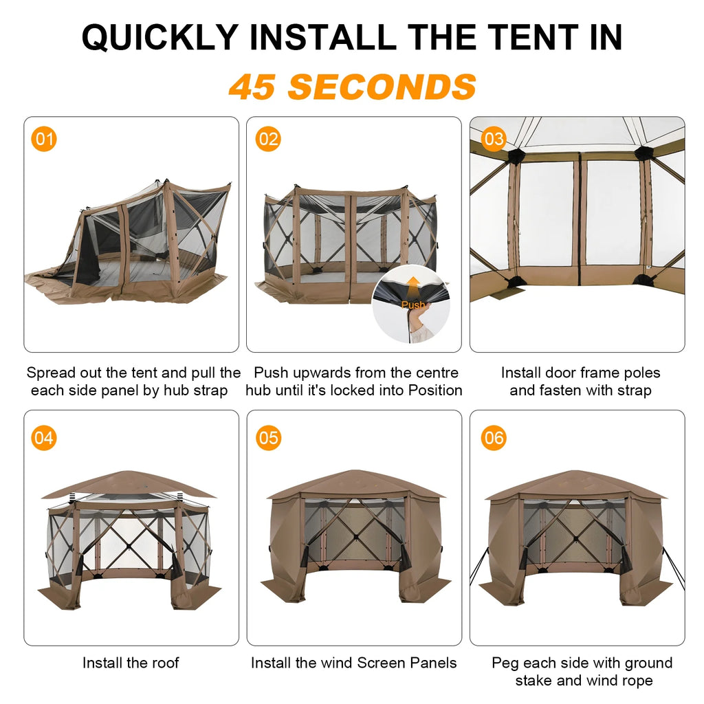 COBIZI 12'x12' Pop-up Gazebo Outdoor Camping Tent with 6 Sides Mosquito Netting, Waterproof, UV Resistant, Portable Screen House Room, Easy Set-up Party Tent with Carry bag, Ground Spike, Brown
