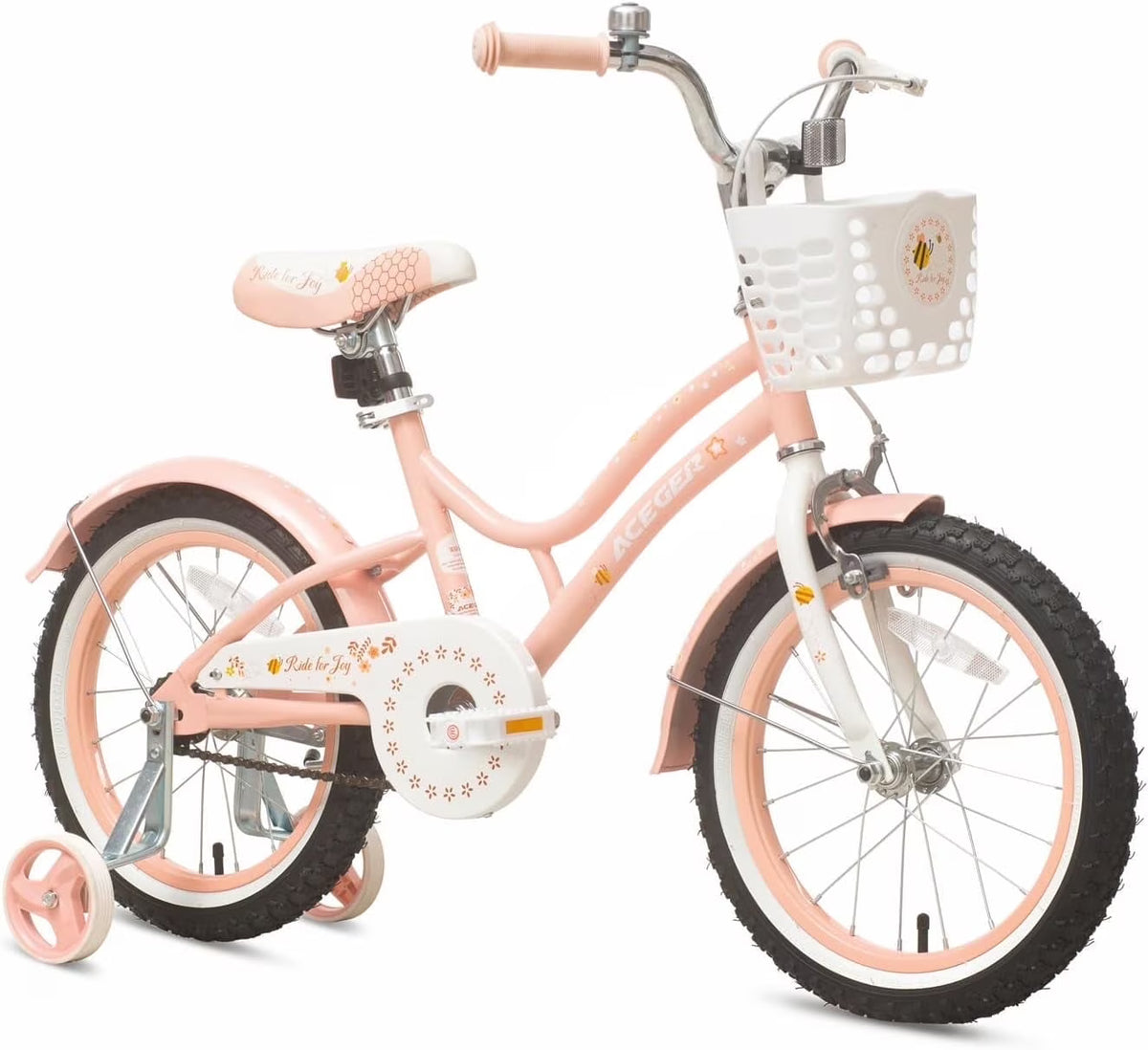 ACEGER 16 Inch Bike with Basket and Training Wheels for Girls Ages 5-9, Pink