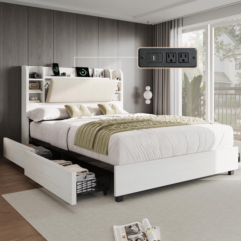 PLAUIN King Size Bed Frame with Storage Drawers, 47.2" Headboard and Wooden Platform, Grey