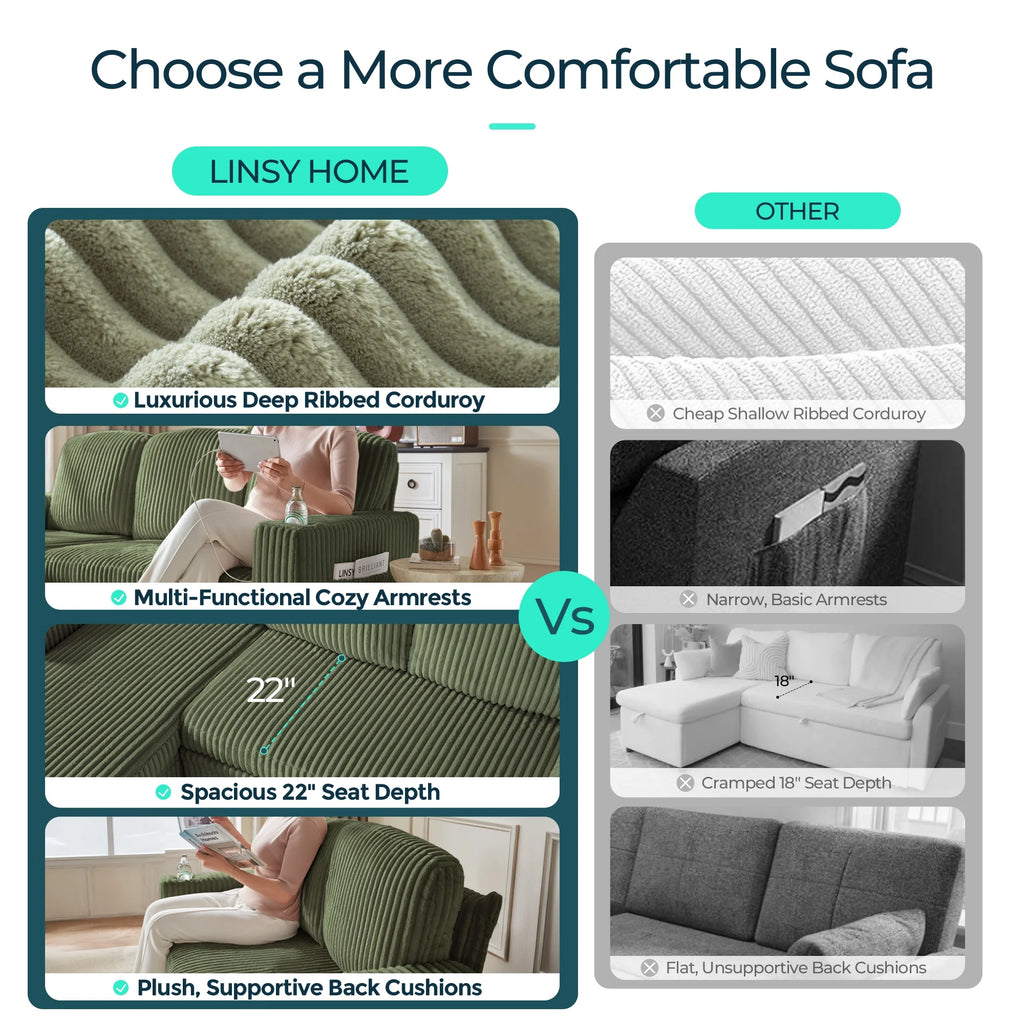 Linsy Home Plush Corduroy Pull Out Couch Chaise Lounge, Convertible Loveseat Sofa Couch With Usb & Cup Holder, Green