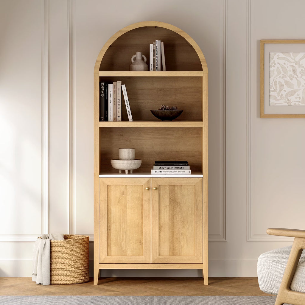 EYYTHUNG 71" Tall Arched Cabinet Modern Farmhouse 5-Tier Arched Bookcase Storage Display Cabinet with Faux Marble Top, Natural Oak