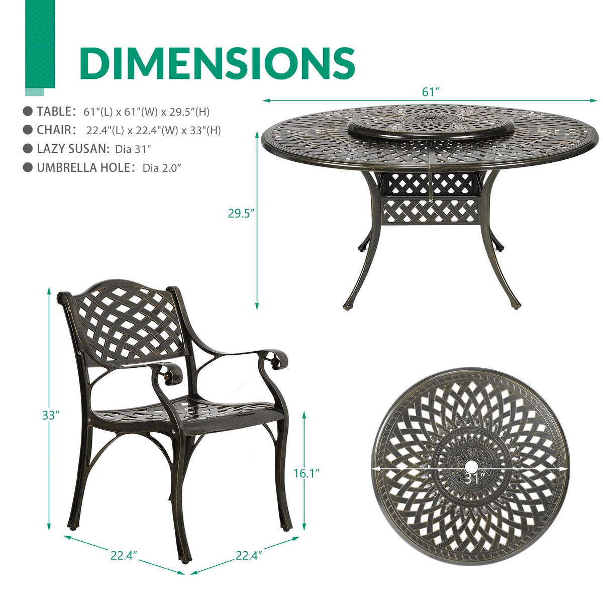 VIVIJASON 9-Piece Patio Dining Set, Rust-Free Cast Aluminum Outdoor Furniture Set, 8 Patio Dining Chairs and 61" Round Dining Table with 31" Lazy Susan, Umbrella Hole for Backyard, Patio, Garden