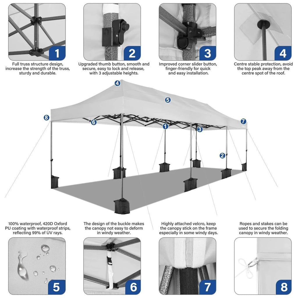 HOTEEL 10'x30' Canopy Heavy Duty Pop Up Canopy Tent Outdoor Gazebo Shelter Waterproof Instant Commercial Tent with 8 Removable Sidewalls & 8 Sandbags & Roller Bag,White