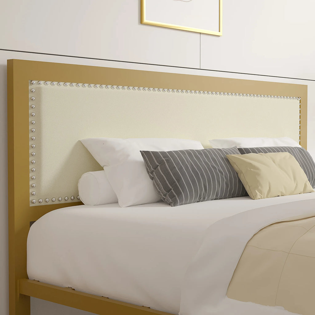 VECELO Queen Size Bed Frame Metal Platform Bed with Upholstered Headboard, No Box Spring Needed, Black
