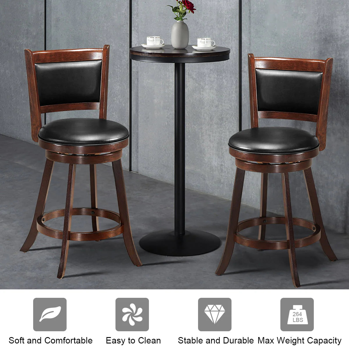 Costway Set of 2 24'' Swivel Counter Stool Wooden Dining Chair Upholstered Seat Espresso Panel back