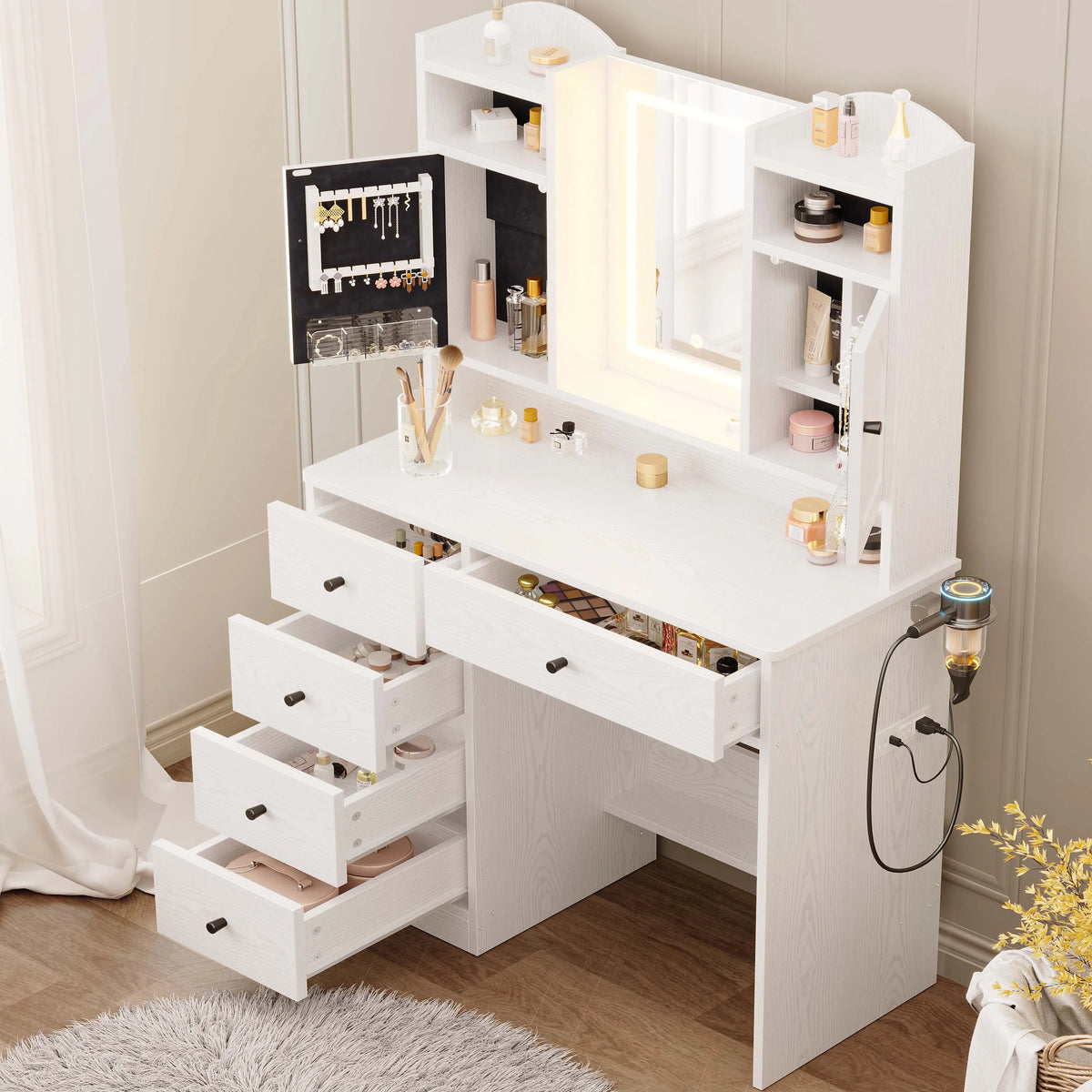 IRONCK White Vanity Set with Mirror and Lights, Makeup Vanity Desk with 5 Drawers & 2 Cabinets & Charging Station