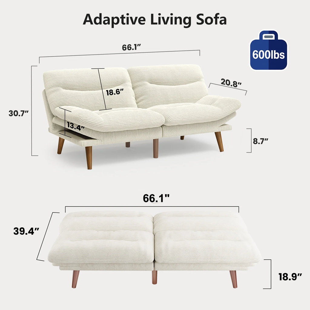 CHITOOMA 66" Futon Sofa Bed with Adjustable Backrest and 6-Level Armrests, Grey Corduroy Convertible Futon Couch, Comfy Loveseat for Small Spaces, Apartment or Office